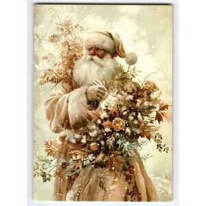 Christmas Holiday Lithograph Postcard Santa with Floral Bouquet 5.5x4